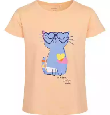 T-shirt z krótkim rękawem dla dziewczynki,  z kotem w okularach-sercach,  brzoskwiniowy,  9-13 lat