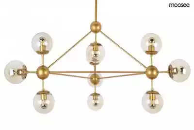 MOOSEE lampa wisząca ASTRIFERO 10.Konstrukcja lampy wykonana została z metalu w kolorze złotym.Całość dopełnia 10 okrągłych,  szklanych,  kloszy o bursztynowym kolorze.Do regulacji wysokości oprawy służą 3 metalowe,  wkręcane pręty o długościach 2 x 50 cm oraz 1 x 20 cm.W kloszach mogą poj