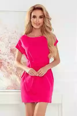 Sukienka z krótkim rękawkiem i szerokim paskiem - można go wiązać zarówno z przodu jak i z tyłu. Przyjemny w dotyku elastyczny materiał w kolorze różowym. Marka numoco. Produkcja polska.  Sukienka z paskiem - różowa    Wymiary mierzone są na płasko - bez rozciągania materiału (+/- 2 cm) Mo