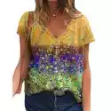 Mssugar Damska koszulka z nadrukiem Summer Short Sleeve Baggy Casual V-neck Bluzka Top Tee Żółty S