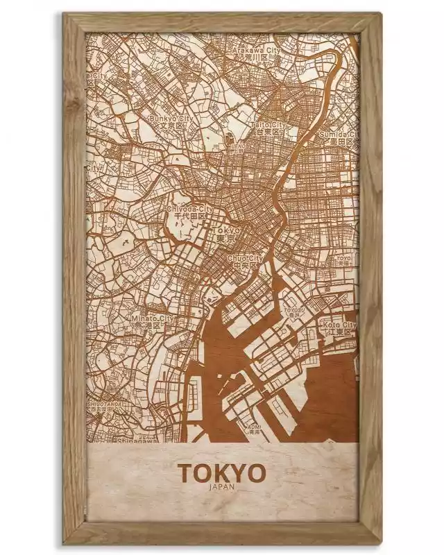 Drewniany obraz miasta - Tokio w dębowej ramie 30x30cm Dąb, Orzech, Heban  ceny i opinie