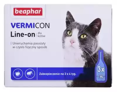 BEAPHAR VERMIcon Line-on Cat - krople przeciw pasożytom dla kota - 3x 1ml BEAPHAR VERMIcon Line-on Cat - krople przeciw pasożytom dla kota - 3x 1ml  Preparat na bazie,  bezpiecznego dla zwierzęcia dimetikonu,  tworzący na skórze kota,  barierę ochronną,  uniemożliwiającą poruszanie się pas
