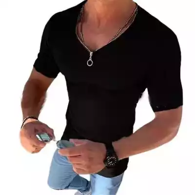 Męska koszulka z krótkim rękawem Prążkowana koszulka Slim Fit Zip Neck Tee Summer Casual Top#!!#Materiał: Poliester#!!#Pakiet zawiera: 1 x Męskie topy#!!#N...