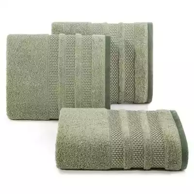 Ręcznik z ozdobną bordiurą w pasy szerokość: 50 cm,  długość: 90 cm,  kolor: oliwkowy,  Gramatura: 500 GSM,  Skład: 100% bawełna; 95% bawełna 5% poliester