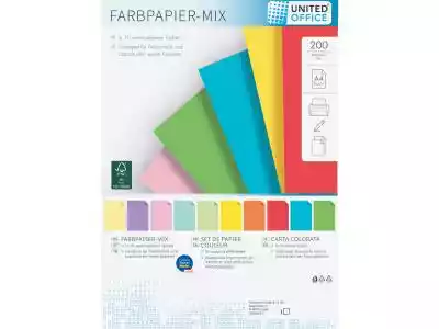 UNITED OFFICE Papier kolorowy w 10 kolorach,  DIN A4,  200 kartekOpis produktu	DIN A4	200 arkuszy w 10 różnych kolorach	przeznaczony do drukarek atramentowych i laserowych jak również kserokopiarekMateriał	papierWymiary	ok. 29, 7 x 21 x 2, 1 cmWaga	ok. 1000 g