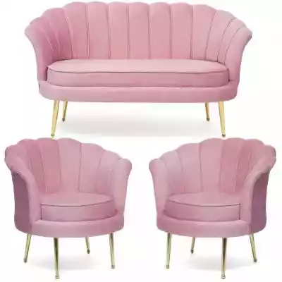 Sofa muszelka + 2 fotele ELIF / różowy # Podobne : Sofa glamour plecionka z dodatkowymi poduszkami w kratkę szara LAVIO - 165457