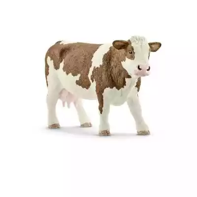 Figurka Krowa Rasy Simentalskiej Farm World Krowy rasy simentalskiej mają białą głowę,  biały brzuch i biały koniec ogona. Pozostała sierść składa się z jasnożółtych do rudobrązowych łat. Trawa jest trudna do strawienia. Dlatego krowa żuje średnio 50 razy na minutę,  w sumie około 30 000 r