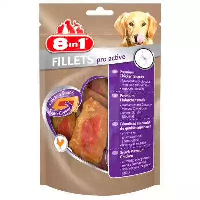 8in1 Fillets Pro Active to sprawdzona przekąska z wartościowymi składnikami wspomagająca ruchliwość. Smaczny filet drobiowy wysokiej jakości ma w środku tak zwane centrum odżywcze,  które poprawia dobre samopoczucie psa. Przekąska dla psa 8in1 Fillets Pro Active jest aromatyzowana chondroi