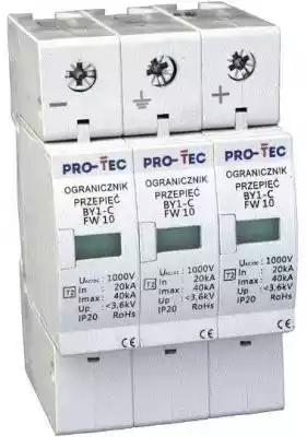 Ogranicznik przepięć PV T2 (C) BY1-C/3 FW10 1000V DC 20/40kA Pro-Tec 3224030 Trójpolowy ogranicznik warystorowy przeznaczony do ochrony instalacji fotowoltaicznych - modułów PV przed przepięciami: łączeniowymi lub pochodzącymi od wyładowań atmosferycznych pośrednich lub bezpośrednich. Ogra