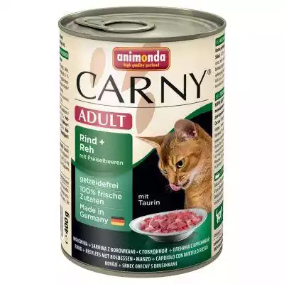 Mokra,  pełnoporcjowa karma dla dorosłych kotów. Animonda Carny to pełnoporcjowy posiłek,  który ma w składzie dużą zawartość wysokiej jakości mięsa. Wszystkie składniki są staranne dobrane i wyselekcjonowane. W puszkach Animonda dla kota nie ma sztucznych konserwantów,  barwników,  gluten