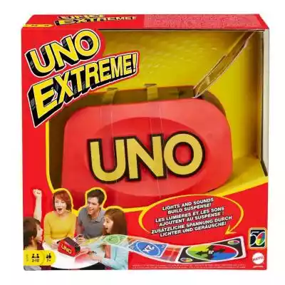 UNO Extreme gra karciana z wyrzutniąTa wersja UNO® Extreme zawiera ulepszoną wyrzutnię o nowoczesnej konstrukcji,  która wystrzeliwuje karty wysoko w powietrze. Sekwencje świetlne i dźwiękowe przyspieszają po każdym naciśnięciu przycisku,  zwiększając napięcie. Oczekiwanie na wystrzał kart