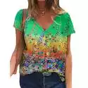 Mssugar Damska koszulka z nadrukiem Summer Short Sleeve Baggy Casual V-neck Bluzka Top Tee Zielony L