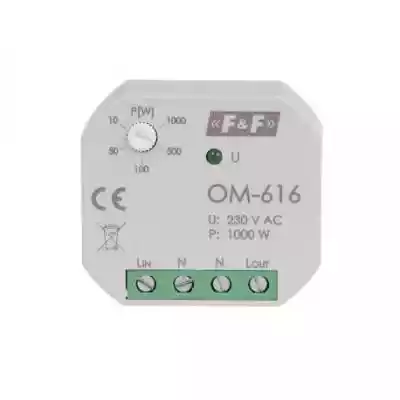 Ogranicznik F&F OM-616 poboru mocy,  montaż podtynkowy szary.  Ogranicznik mocy OM-616 znajduje zastosowanie w budynkach użyteczności publicznej,  hotelach,  internatach,  szpitalach,  itp. Pozwala ograniczyć pobór mocy z pojedynczego gniazdka do niewielkich wartości. Funkcja przekaźnika n