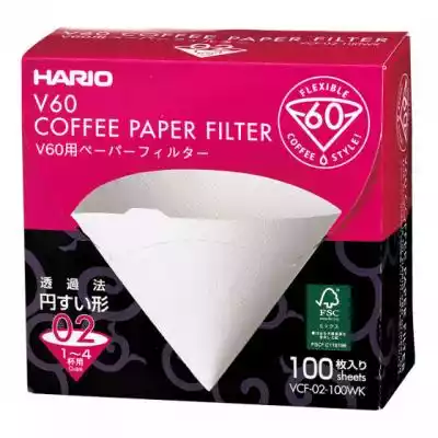 Białe papierowe filtry przeznaczone do stożkowych drippów do kawy Hario (Hario V60-02).Paczka zawiera: 100 szt.