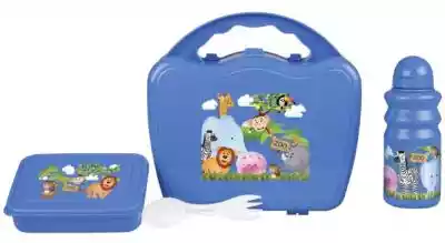 Zestaw śniadaniowy w kolorze niebieskim wykonany z tworzywa sztucznego. Zawiera walizeczkę z bidonem,  pojemnikiem i dziecięcymi sztućcami. Przeznaczone dla dzieci powyżej 6 miesięcy.