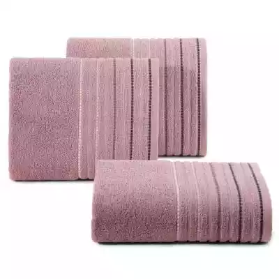Ręcznik z ozdobną bordiurą w pasy szerokość: 50 cm,  długość: 90 cm,  kolor: liliowy,  Gramatura: 450 GSM,  Skład: 100% bawełna; 98, 8% bawełna 1, 2% poliester