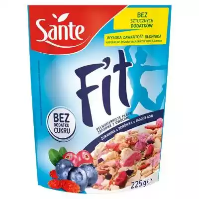        Sante                Bądź w formie od rana!Sante Fit to wyjątkowe połączenie opiekanych pełnoziarnistych płatków pszennych i ryżowych z owocami: żurawiną,  borówką,  jagodami goji,  rodzynką i daktylem. Płatki Fit to doskonałe śniadanie dla wszystkich,  którzy chcą cieszyć się wita