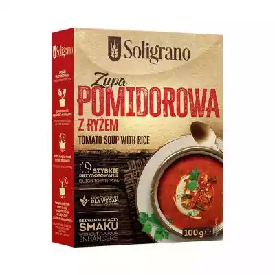 Opis produktu
Zupa pomidorowa z ryżem Soligrano. To pyszna i klasyczna zupa,  lubiana przez dużych i małych. Z wysoką zawartością błonnika pokarmowego. Nie zawiera dodatku cukru i jest odpowiednia dla wegan. Bardzo prosta i szybka w przygotowaniu.Wartość odżywcza w 100 g produltu

Wartość 