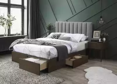 łóżko z szufladami,  materiał: MDF + okleina naturalna / tkanina / drewno lite - kauczukowe,  kolor: tkanina - popielaty,  drewno - orzech,  łóżko bez materaca