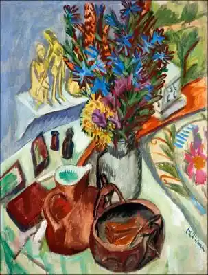 ﻿ Still Life with Jug and African Bowl,  Ernst Ludwig Kirchner - plakat 40x60 cm Wysoka jakość wydruku . Wydruk plakatów na papierze satynowym gwarantuje żywe i trwałe kolory. Bezpieczne opakowanie . Plakat jest rolowany,  foliowany i pakowany w twardą kartonową tubę . W przypadku zakupu p