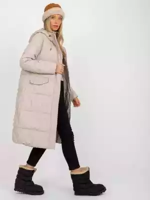 Beżowa długa pikowana kurtka zimowa z ki Beżowa długa pikowana kurtka zimowa z kieszeniami