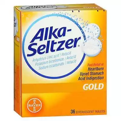 Dla złagodzenia: zgagi,  niestrawności kwasowej,  kwaśnego żołądka. Mniej sodu niż oryginał Alka-Seltzer. Poświęć czas - rano,  w południe lub wieczorem - kiedy potrzebujesz ulgi. Ten produkt nie zawiera aspiryny. Alka-Seltzer Gold w wodzie zawiera głównie leki zobojętniające sok żołądkowy